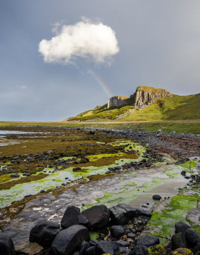 I saw the rainbow over kilt rock and then I saw the little cloud.  I waited until the little white cloud floated over the rainbow, and took my shot.  Impressed with the result.   365/144